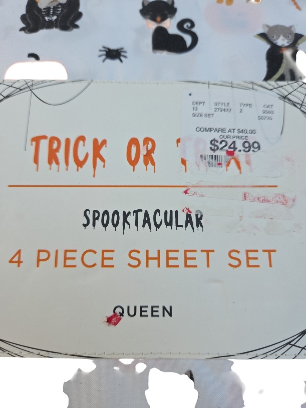 Nwt Halloween Fall Sheet Set - Queen Sheet Set with Orange Pumpkins And Cats New - Picture 4 of 5